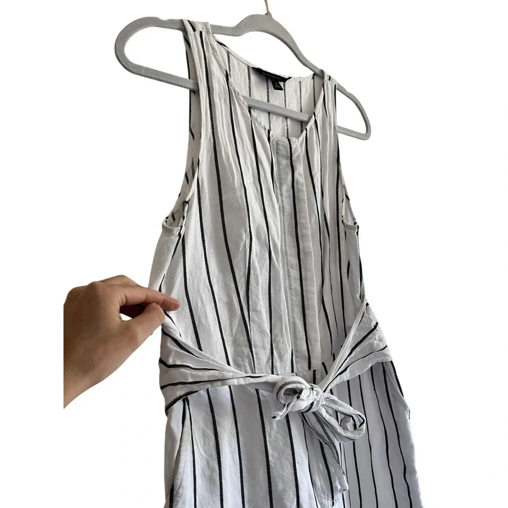 BR Women's Striped‎ White Wide Leg  Button Tie Front Cotton Jumpsuit 6